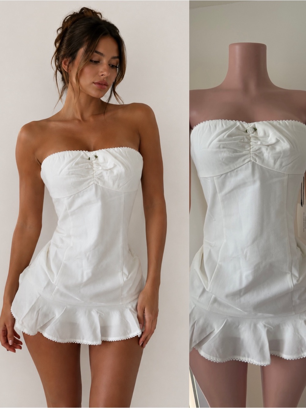 Strapless White Ruffle-Hem Dress
